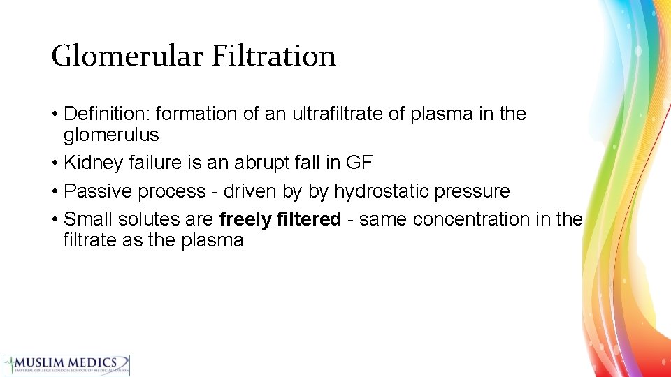 Glomerular Filtration • Definition: formation of an ultrafiltrate of plasma in the glomerulus •