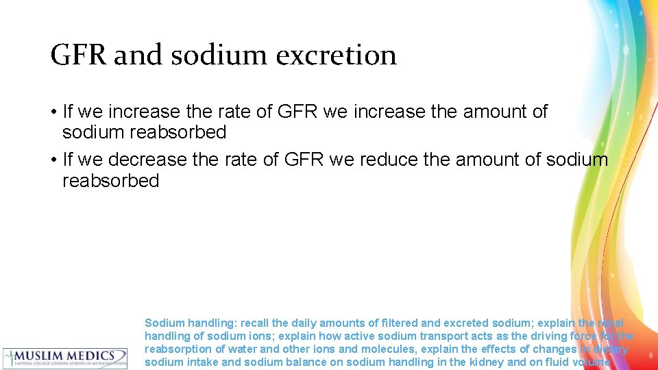 GFR and sodium excretion • If we increase the rate of GFR we increase