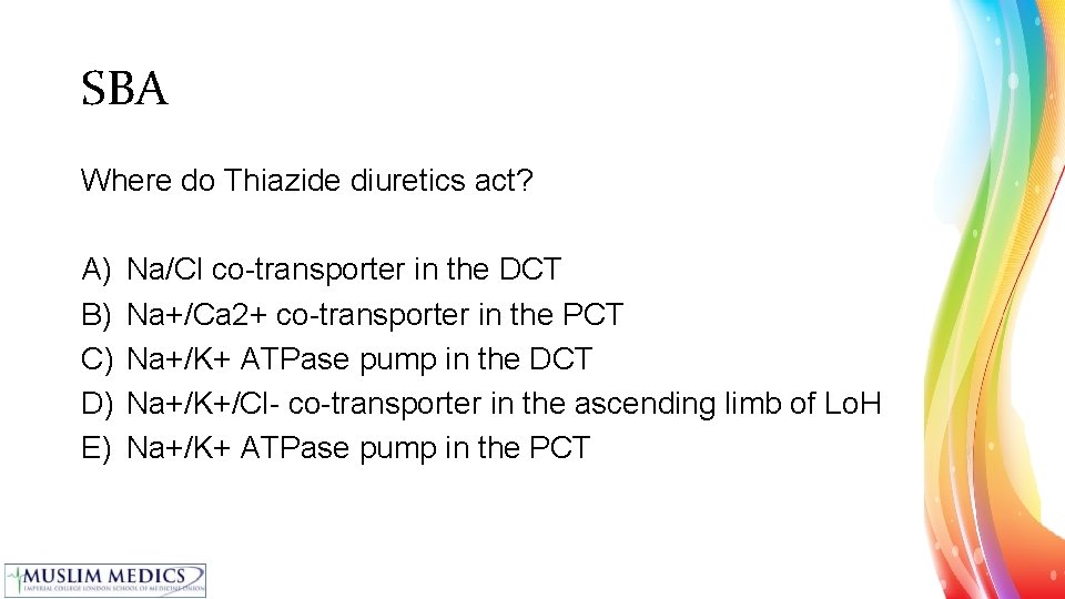 SBA Where do Thiazide diuretics act? A) B) C) D) E) Na/Cl co-transporter in