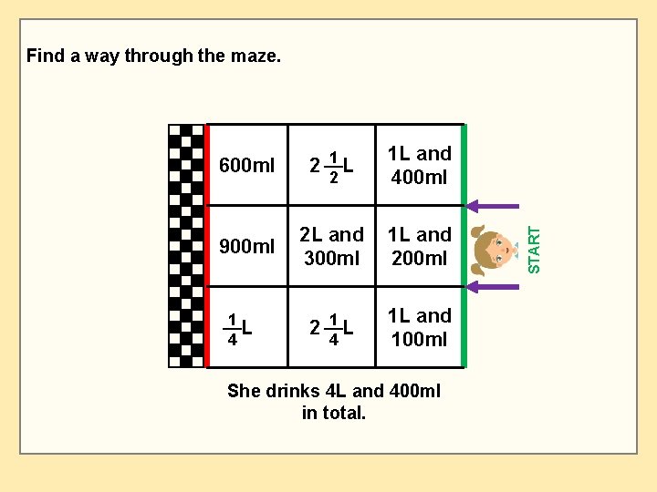 Find a way through the maze. 600 ml 2 1 L and 400 ml