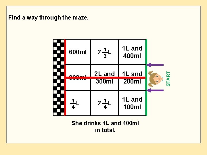 Find a way through the maze. 600 ml 2 1 L and 400 ml