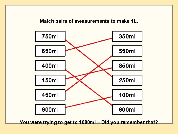 Match pairs of measurements to make 1 L. 750 ml 350 ml 650 ml