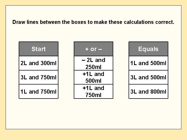 Draw lines between the boxes to make these calculations correct. Start 2 L and