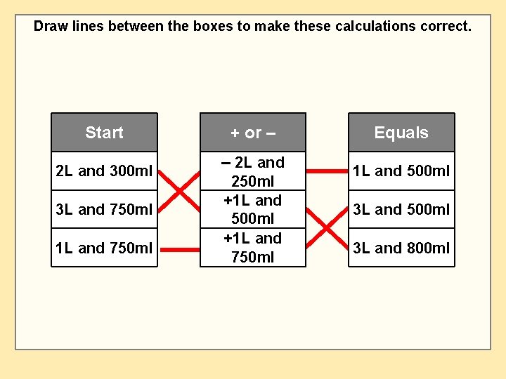 Draw lines between the boxes to make these calculations correct. Start 2 L and
