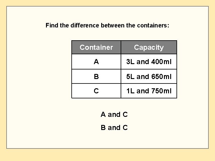 Find the difference between the containers: Container Capacity A 3 L and 400 ml