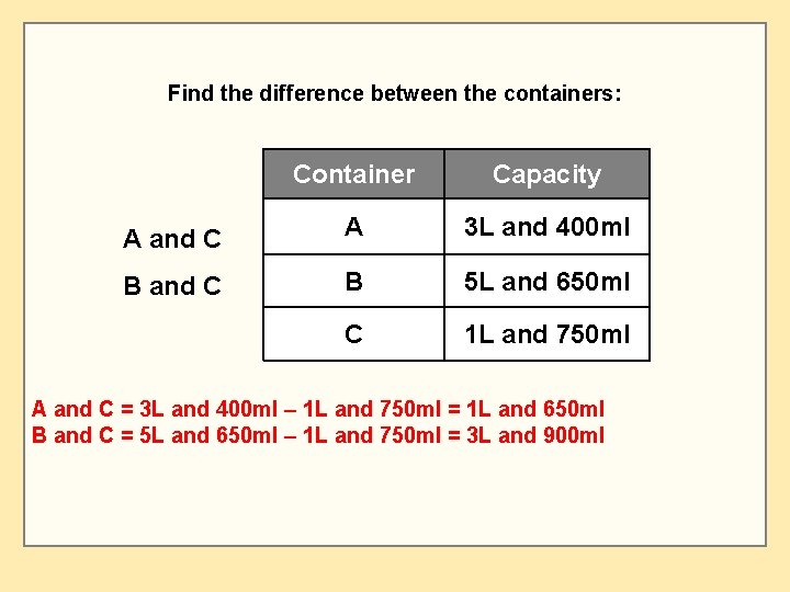 Find the difference between the containers: Container Capacity A and C A 3 L