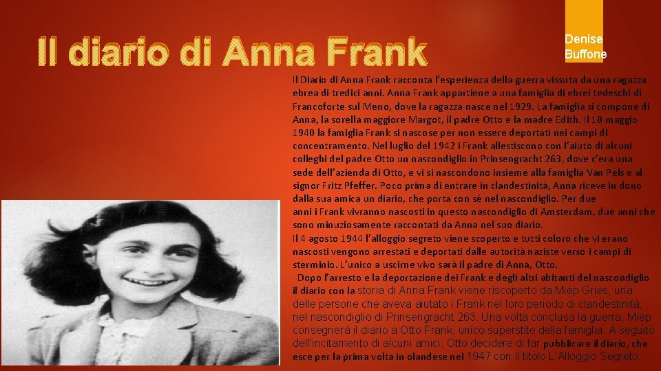 Il diario di Anna Frank Denise Buffone Il Diario di Anna Frank racconta l’esperienza