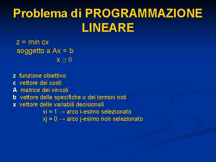 Problema di PROGRAMMAZIONE LINEARE z = min cx soggetto a Ax = b x≥