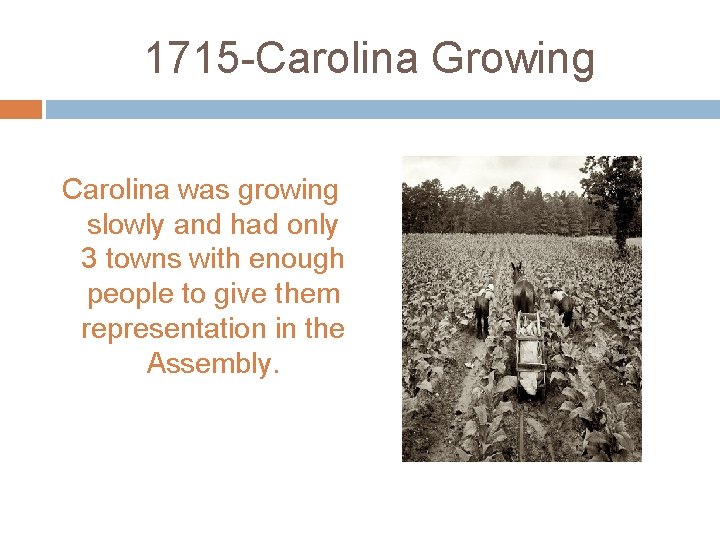 1715 -Carolina Growing Carolina was growing slowly and had only 3 towns with enough