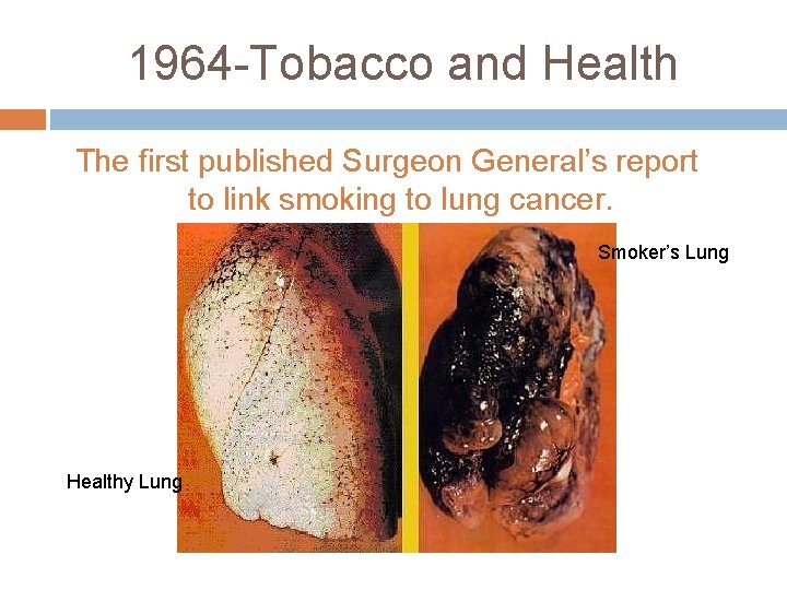 1964 -Tobacco and Health The first published Surgeon General’s report to link smoking to