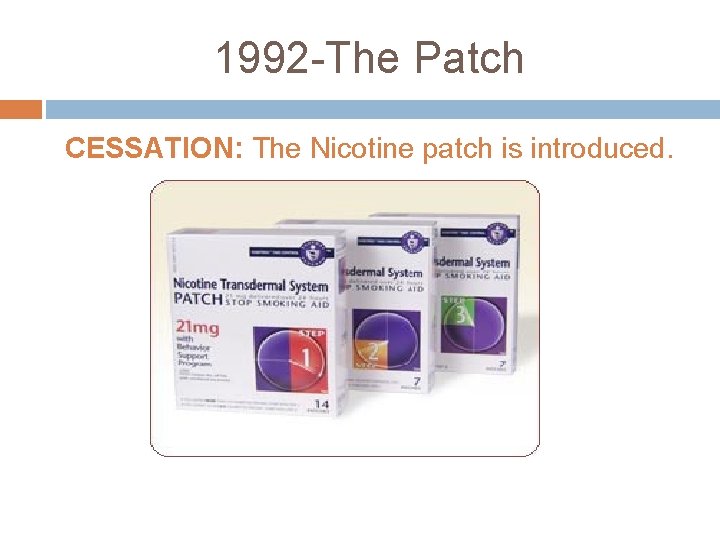1992 -The Patch CESSATION: The Nicotine patch is introduced. 