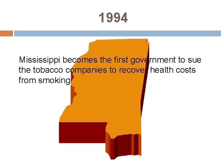 1994 Mississippi becomes the first government to sue the tobacco companies to recover health
