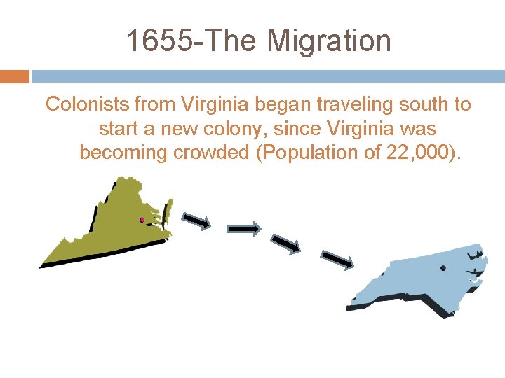 1655 -The Migration Colonists from Virginia began traveling south to start a new colony,