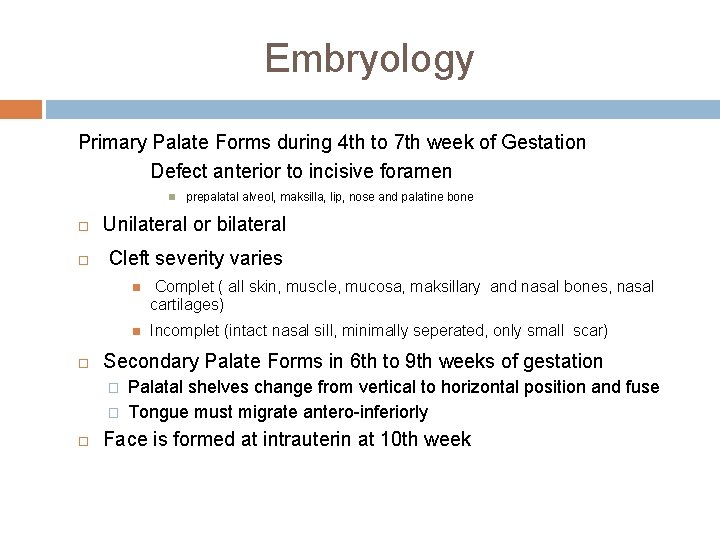 Embryology Primary Palate Forms during 4 th to 7 th week of Gestation Defect