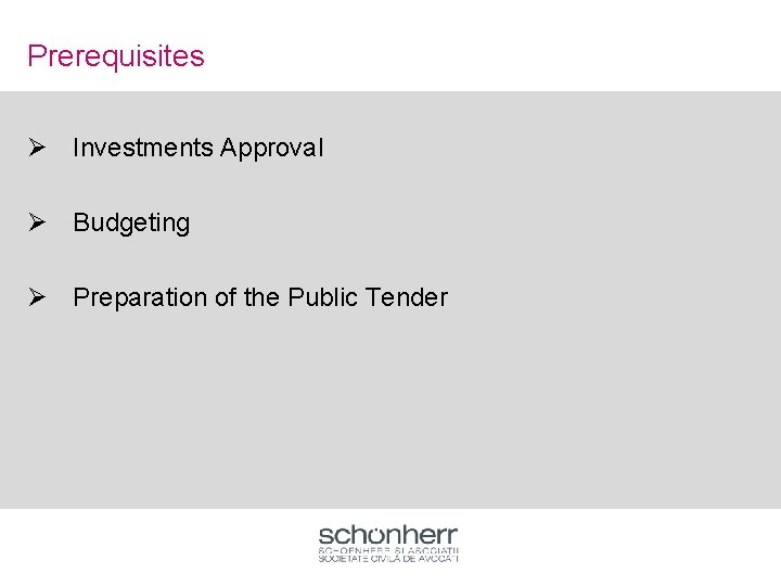 Prerequisites Ø Investments Approval Ø Budgeting Ø Preparation of the Public Tender 