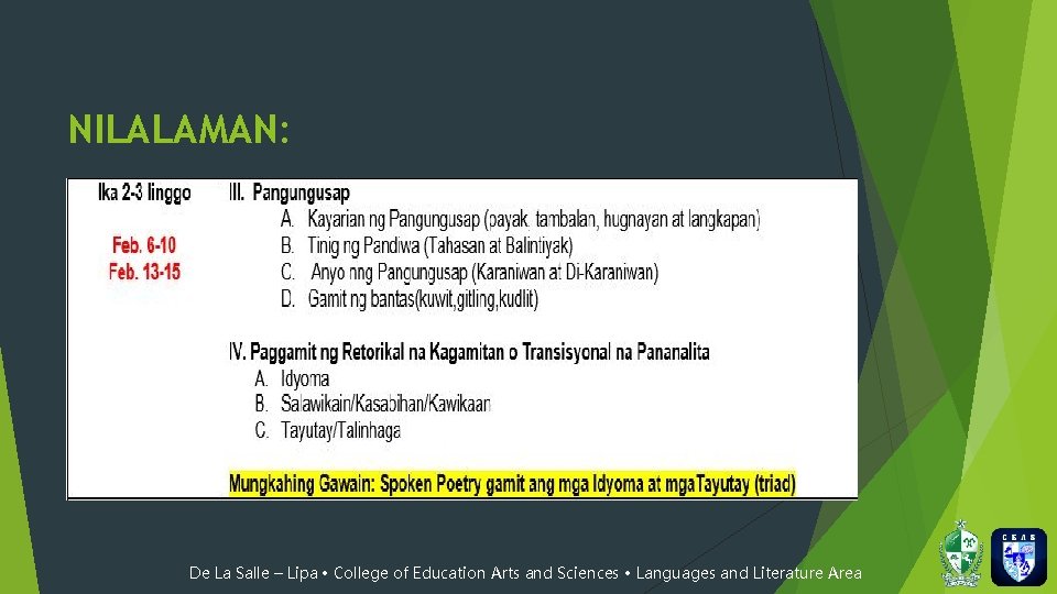 NILALAMAN: De La Salle – Lipa • College of Education Arts and Sciences •