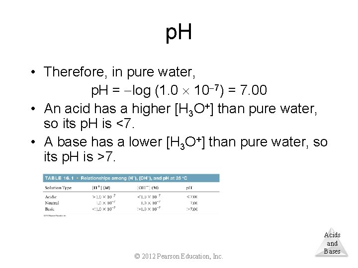 p. H • Therefore, in pure water, p. H = log (1. 0 10