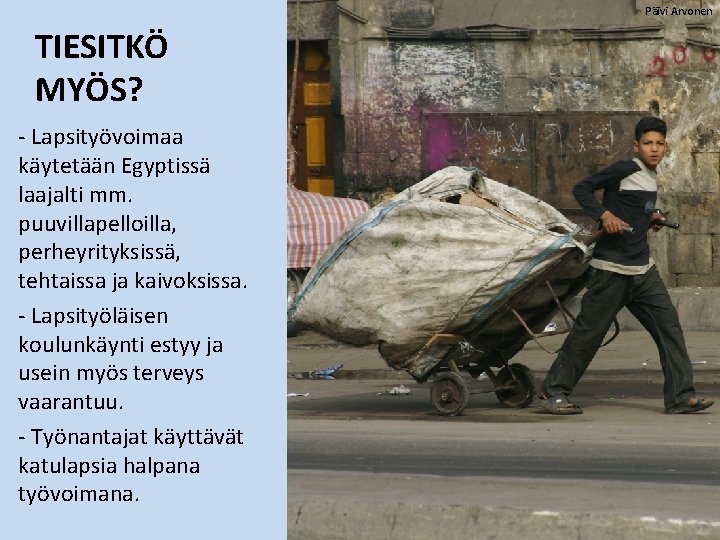 Päivi Arvonen TIESITKÖ MYÖS? ‐ Lapsityövoimaa käytetään Egyptissä laajalti mm. puuvillapelloilla, perheyrityksissä, tehtaissa ja