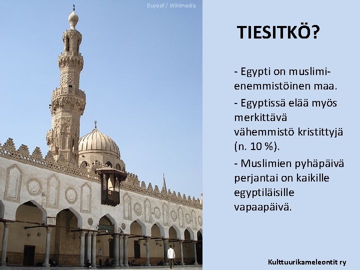 Buyoof / Wikimedia TIESITKÖ? ‐ Egypti on muslimi‐ enemmistöinen maa. ‐ Egyptissä elää myös