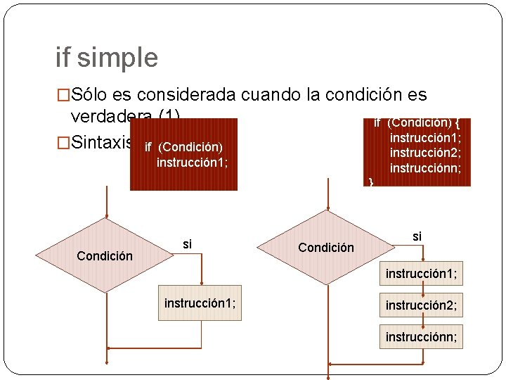 if simple �Sólo es considerada cuando la condición es verdadera (1). �Sintaxis: if (Condición)