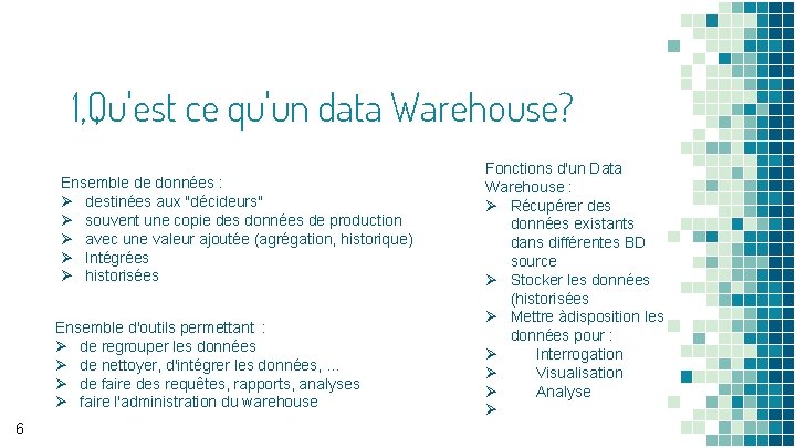 1, Qu'est ce qu'un data Warehouse? Ensemble de données : Ø destinées aux "décideurs"