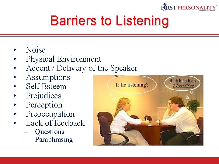Barriers to Listening • • • Noise Physical Environment Accent / Delivery of the