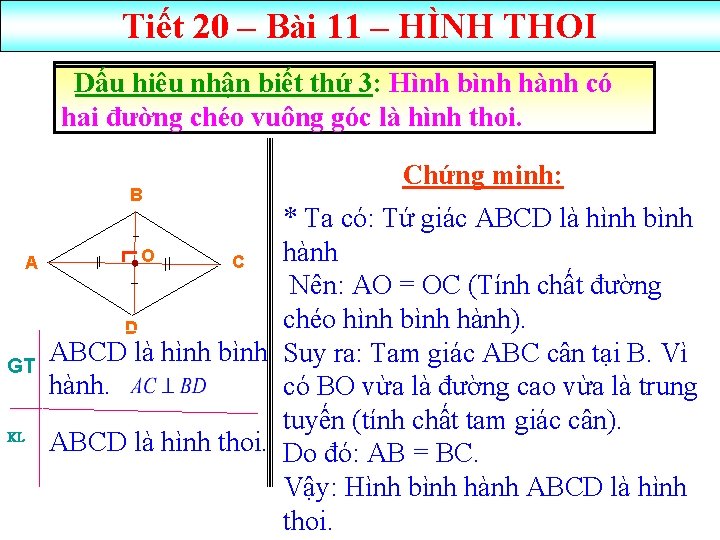 Tiết 20 – Bài 11 – HÌNH THOI Dấu hiêu nhận biết thứ 3: