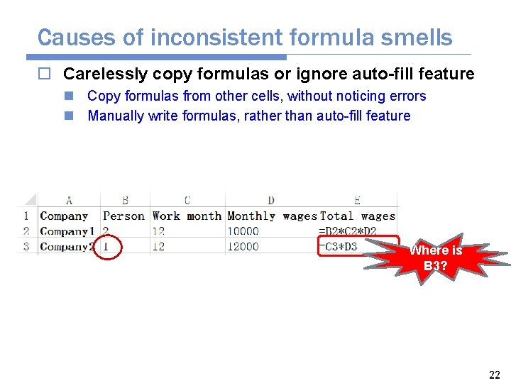 Causes of inconsistent formula smells o Carelessly copy formulas or ignore auto-fill feature n