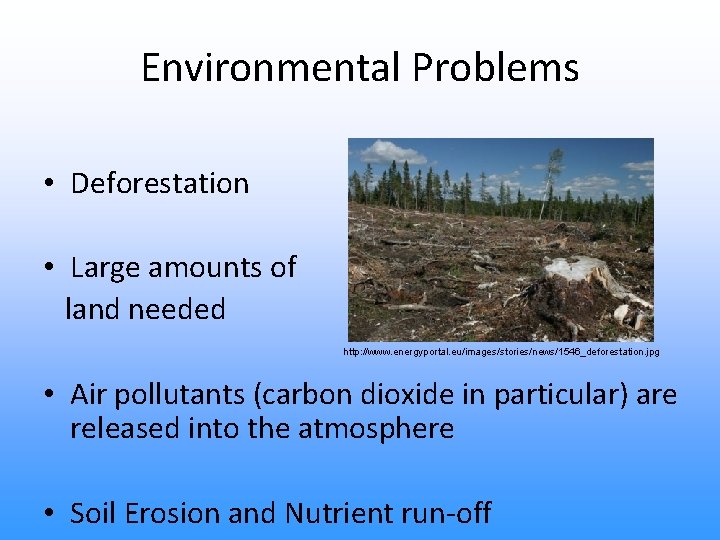 Environmental Problems • Deforestation • Large amounts of land needed http: //www. energyportal. eu/images/stories/news/1546_deforestation.