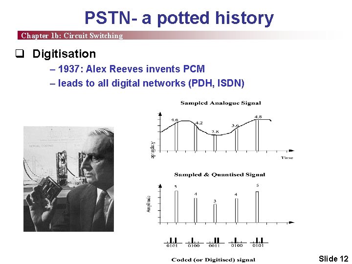 PSTN- a potted history Chapter 1 b: Circuit Switching q Digitisation – 1937: Alex