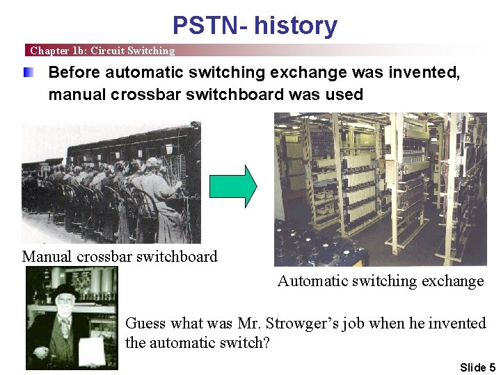 PSTN- history Chapter 1 b: Circuit Switching Before automatic switching exchange was invented, manual