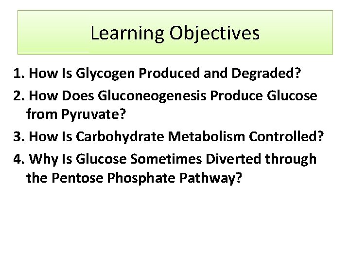 Learning Objectives 1. How Is Glycogen Produced and Degraded? 2. How Does Gluconeogenesis Produce