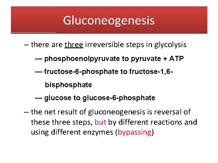 Gluconeogenesis – there are three irreversible steps in glycolysis --- phosphoenolpyruvate to pyruvate +