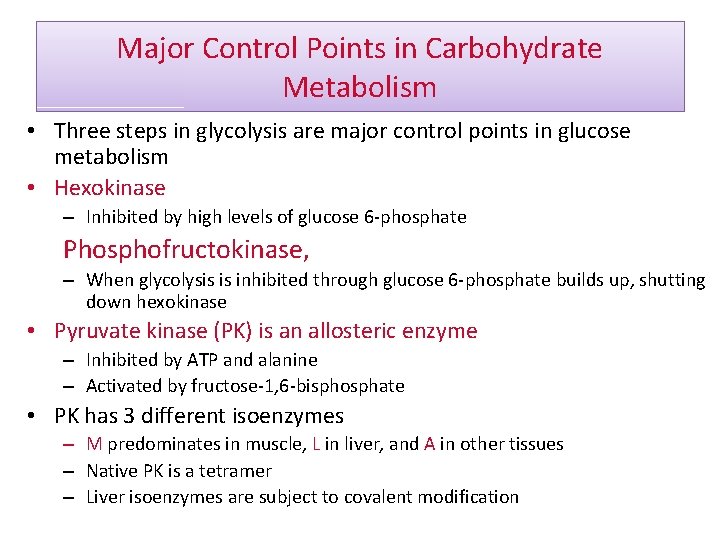 Major Control Points in Carbohydrate Metabolism • Three steps in glycolysis are major control