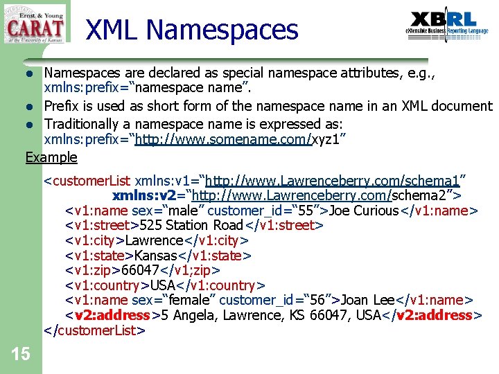 XML Namespaces are declared as special namespace attributes, e. g. , xmlns: prefix=“namespace name”.