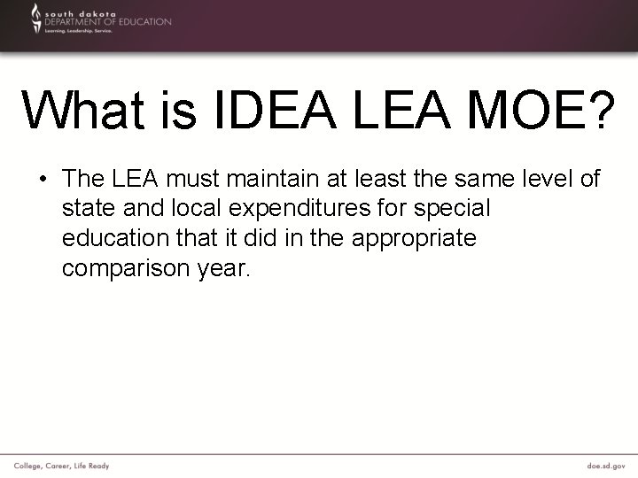 What is IDEA LEA MOE? • The LEA must maintain at least the same