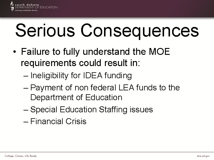 Serious Consequences • Failure to fully understand the MOE requirements could result in: –