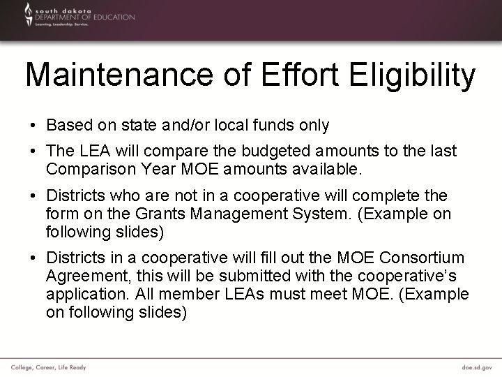 Maintenance of Effort Eligibility • Based on state and/or local funds only • The