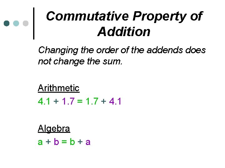 Commutative Property of Addition Changing the order of the addends does not change the