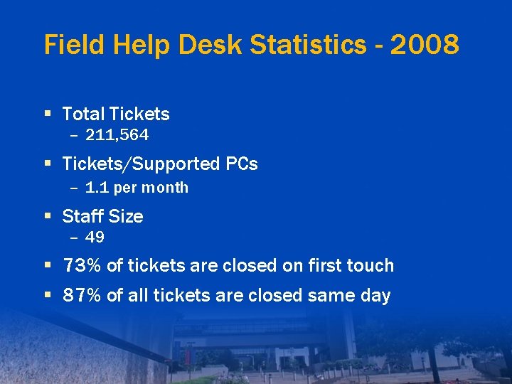 Field Help Desk Statistics - 2008 § Total Tickets – 211, 564 § Tickets/Supported