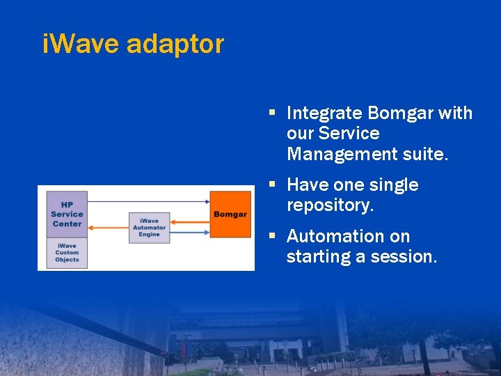 i. Wave adaptor § Integrate Bomgar with our Service Management suite. § Have one