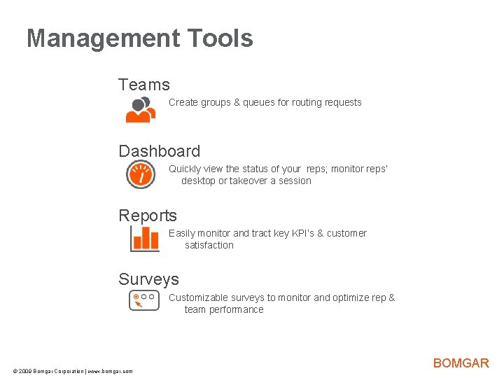 Management Tools Bomgar Product Strategy Teams Create groups & queues for routing requests Dashboard