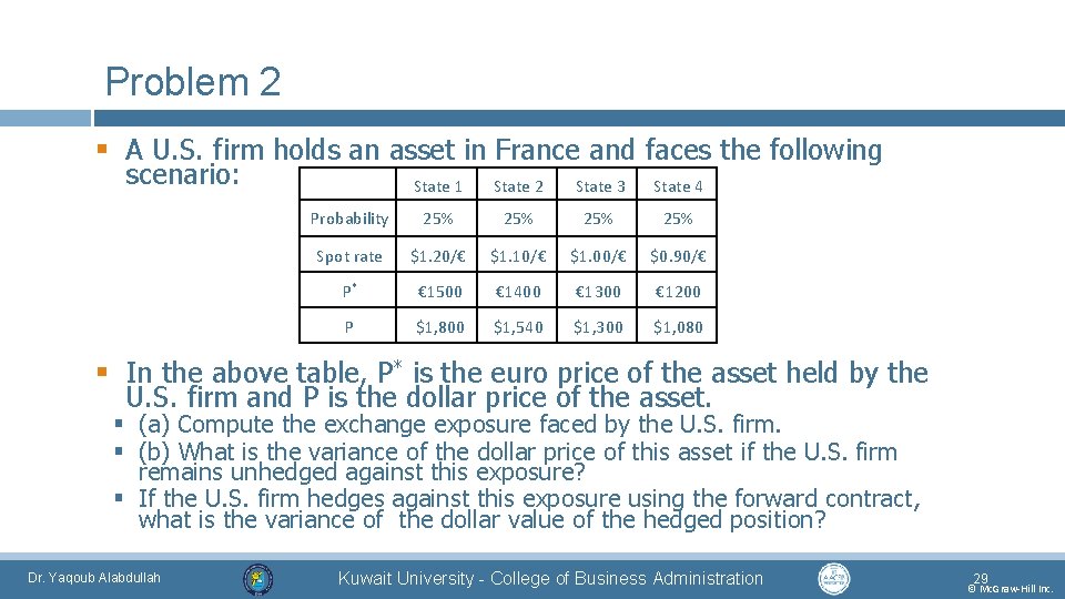 Problem 2 § A U. S. firm holds an asset in France and faces