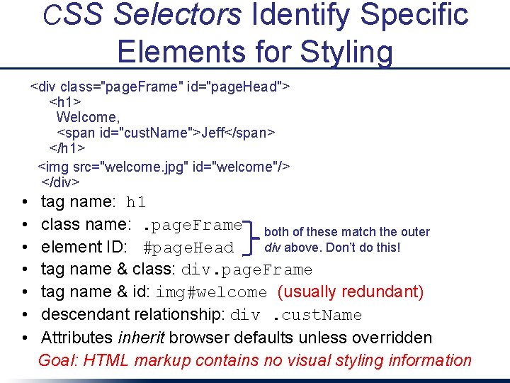 CSS Selectors Identify Specific Elements for Styling <div class="page. Frame" id="page. Head"> <h 1>