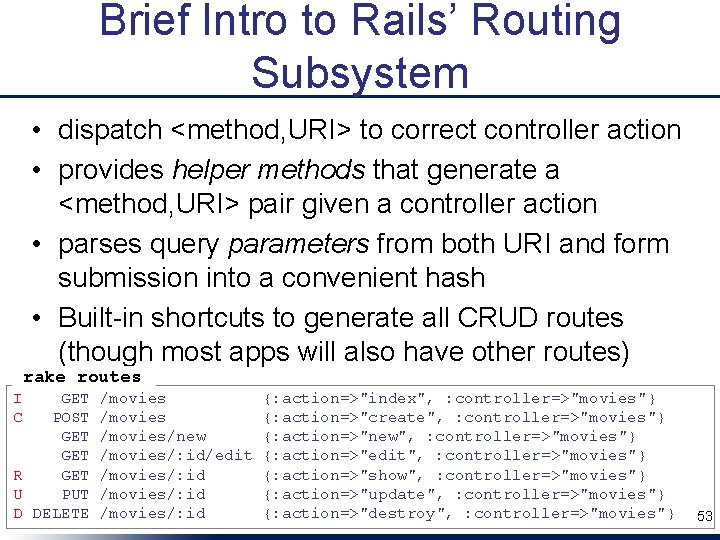 Brief Intro to Rails’ Routing Subsystem • dispatch <method, URI> to correct controller action