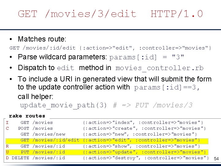 GET /movies/3/edit HTTP/1. 0 • Matches route: GET /movies/: id/edit {: action=>"edit", : controller=>"movies"}