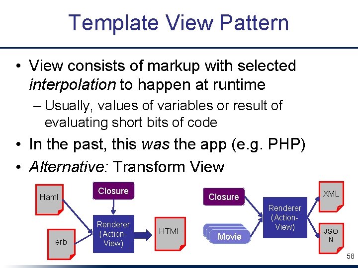 Template View Pattern • View consists of markup with selected interpolation to happen at