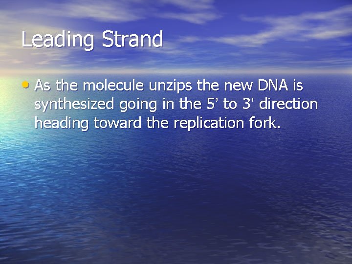 Leading Strand • As the molecule unzips the new DNA is synthesized going in