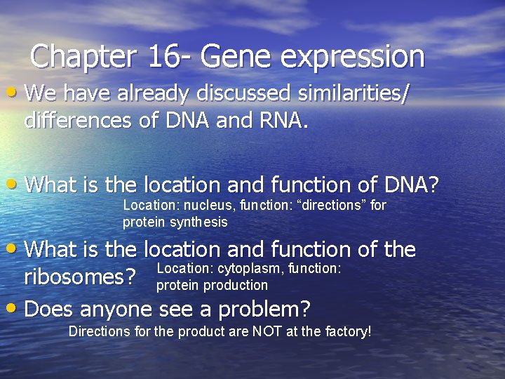 Chapter 16 - Gene expression • We have already discussed similarities/ differences of DNA
