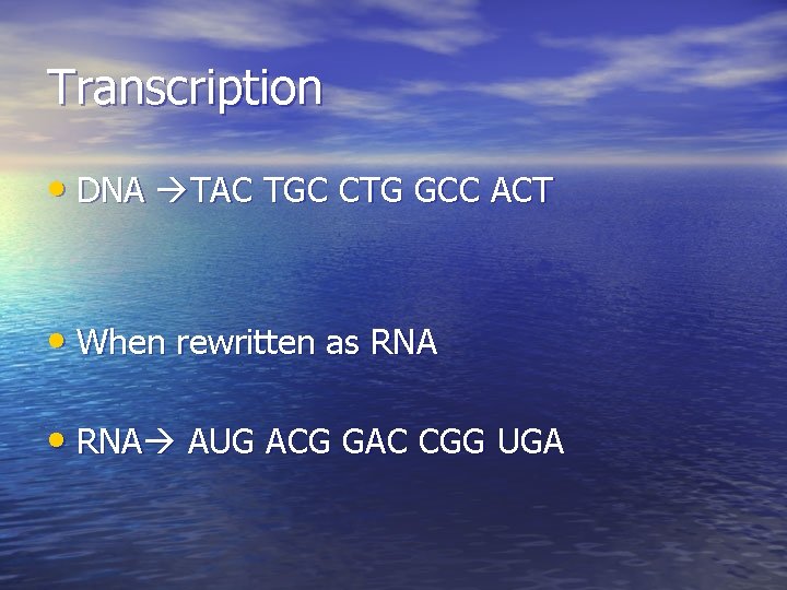 Transcription • DNA TAC TGC CTG GCC ACT • When rewritten as RNA •